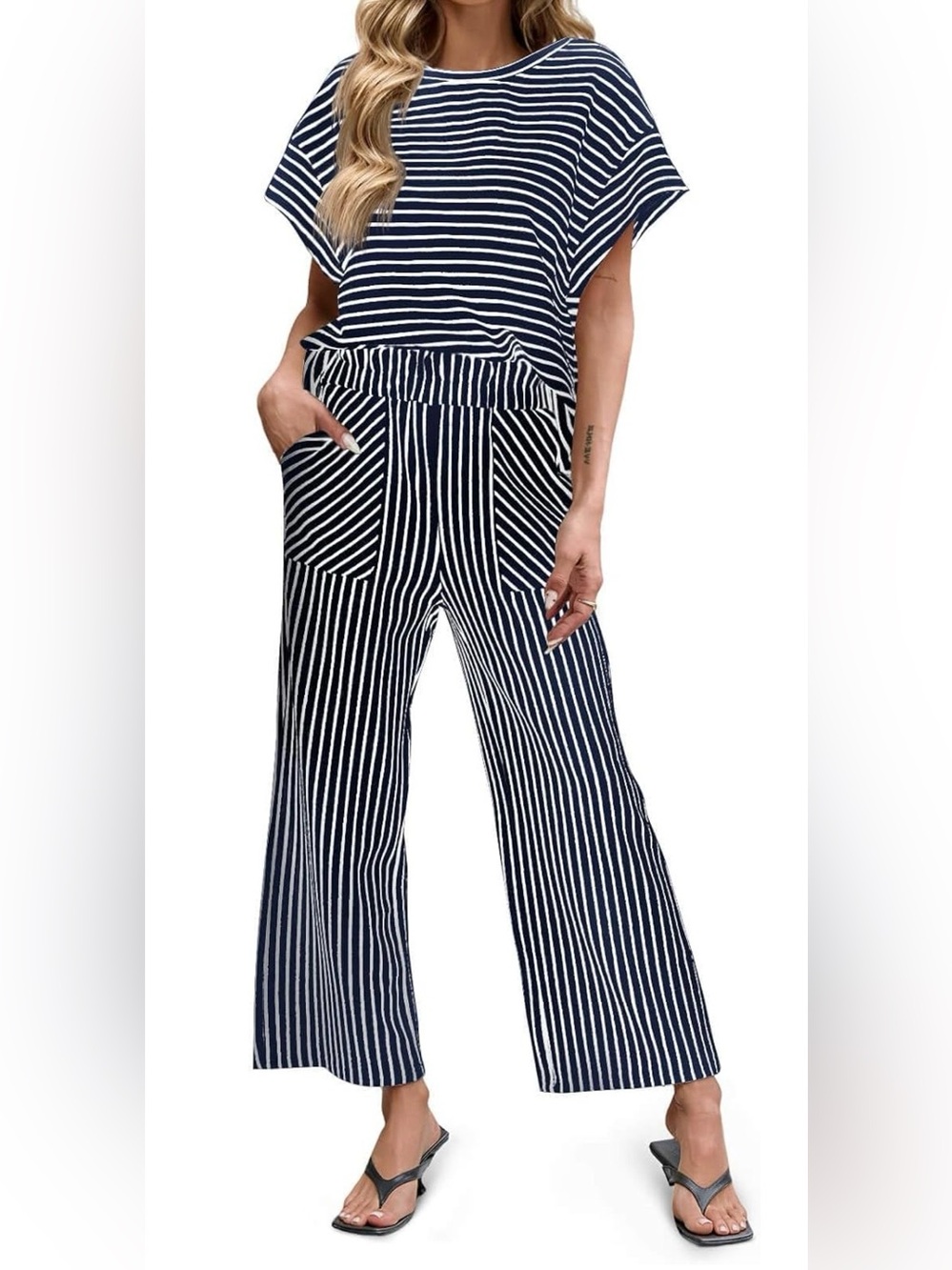 Navy & White Striped 2 Piece Set Short Sleeve Top Wide Leg Pants w/ Pockets MED